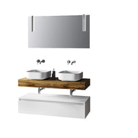 Composizione Bagno 120cm Con Doppio Lavabo, Base Con Cassetto E Specchio Con Lampada - Top rovere miele + base laccata bianco opaco