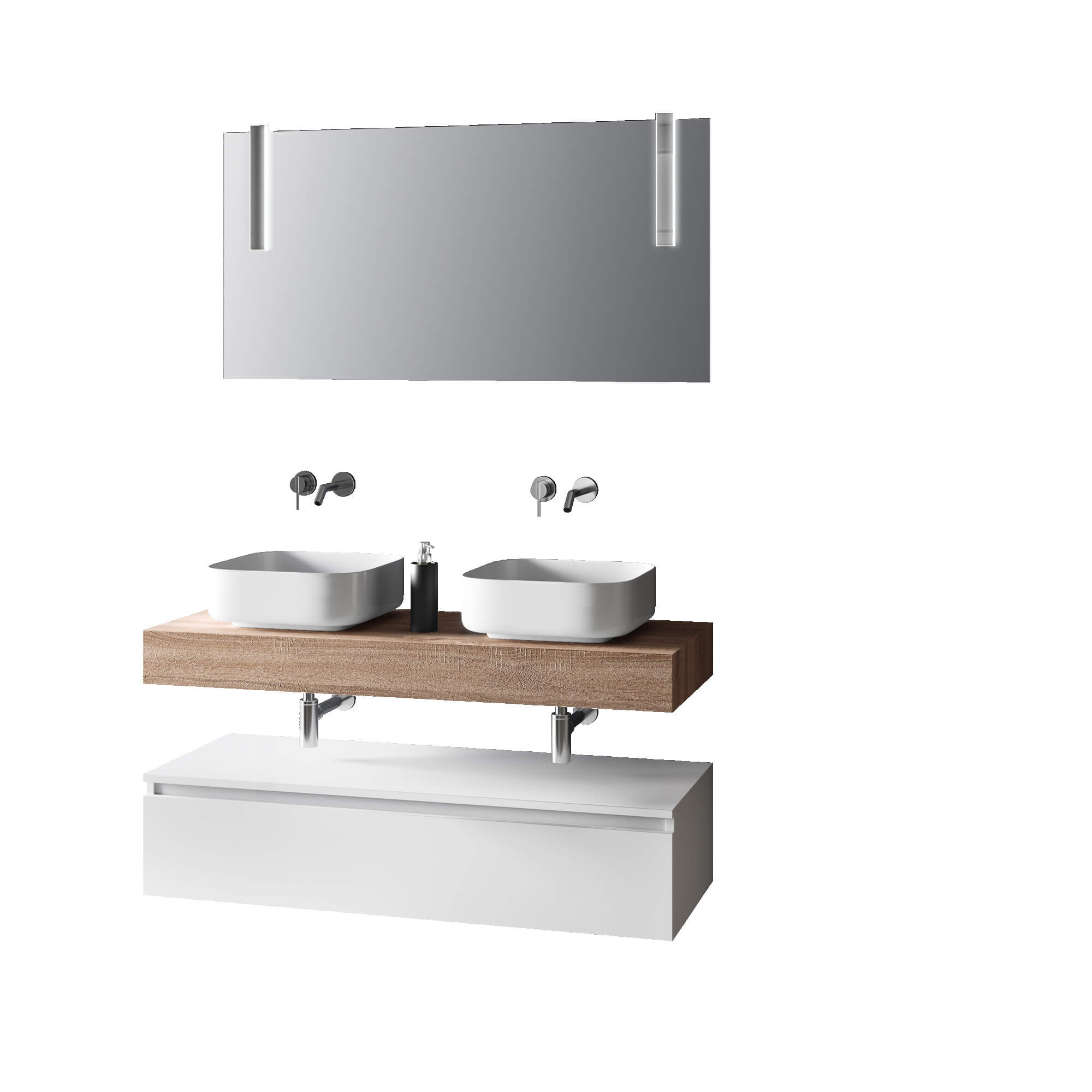 Composizione Bagno 120cm Con Doppio Lavabo, Base Con Cassetto E Specchio Con Lampada - Top tabacco chiaro + base laccata bianco opaco