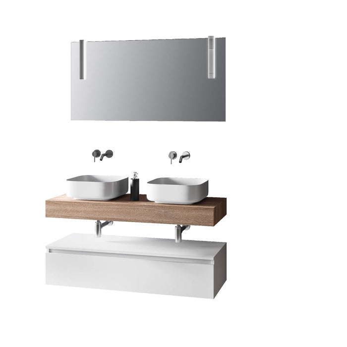 Composizione Bagno 120cm Con Doppio Lavabo, Base Con Cassetto E Specchio Con Lampada - Top tabacco chiaro + base laccata bianco opaco