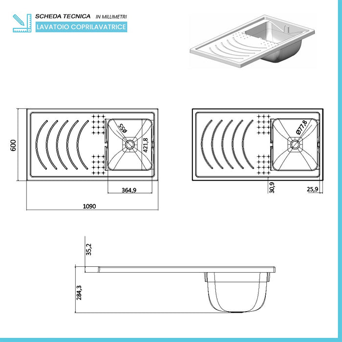 Mobile copri lavatrice 109x60 cm con lavatoio asse e kit di scarico