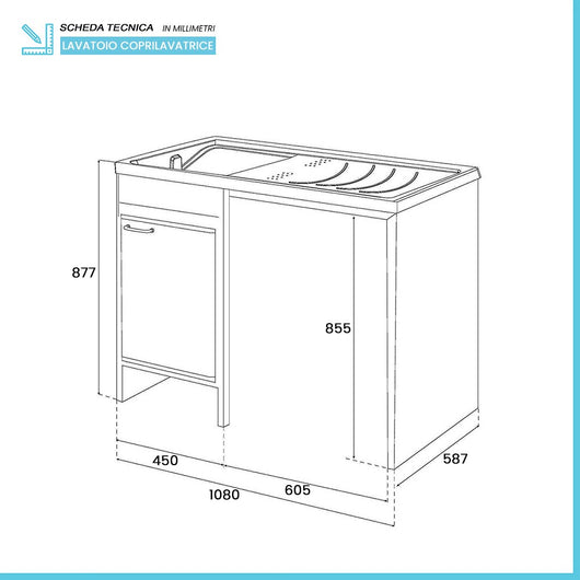 Mobile copri lavatrice 109x60 con lavatoio a sinistra e asse incluso