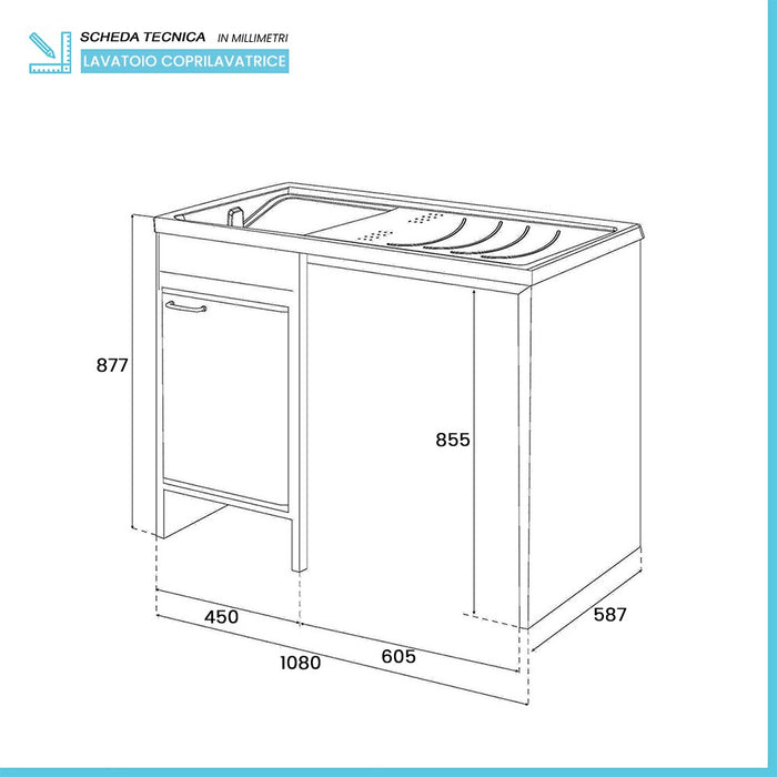 Mobile copri lavatrice 109x60 con lavatoio a sinistra e asse incluso