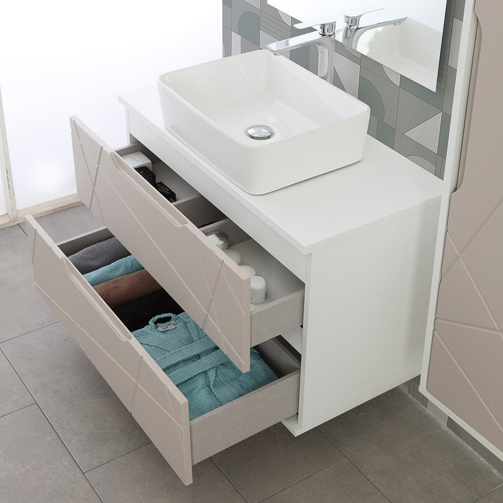 Mobile da bagno 90 cm sospeso tortora con lavabo e specchio Furore