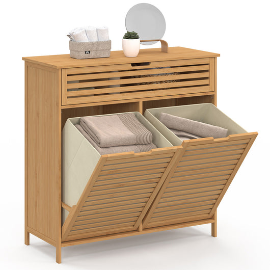 IDMarket - Mobile da bagno BEA in bambù 2 cesti estraibili per la biancheria 1 cassetto in tessuto ecru