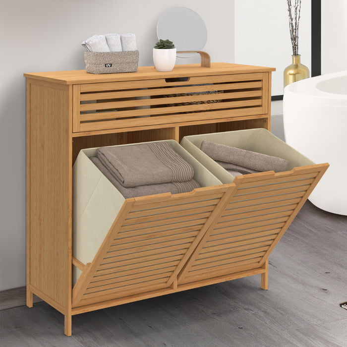 IDMarket - Mobile da bagno BEA in bambù 2 cesti estraibili per la biancheria 1 cassetto in tessuto ecru