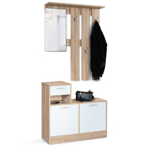 IDMarket - Mobile da ingresso, appendiabiti con specchio, design in legno faggio e ante bianco PAULIN