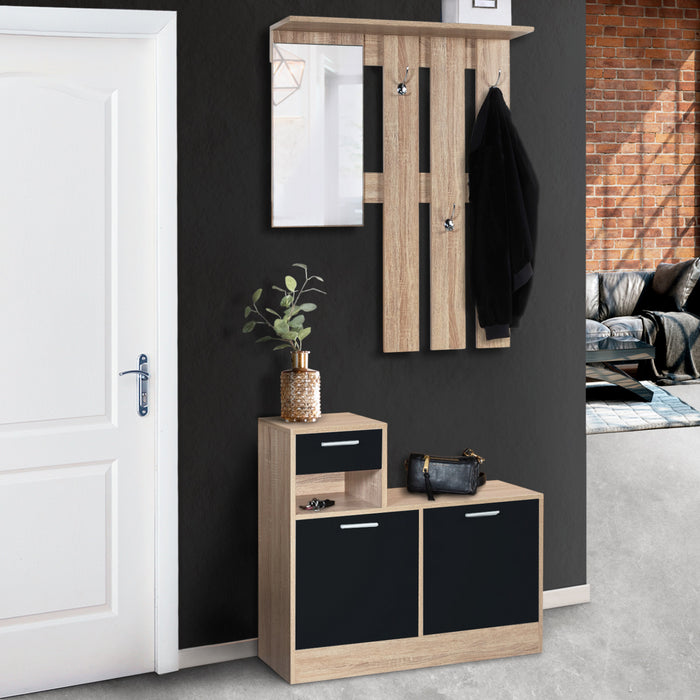 IDMarket - Mobile da ingresso, appendiabiti con specchio, design in legno faggio e ante nero PAULIN