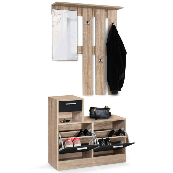 IDMarket - Mobile da ingresso, appendiabiti con specchio, design in legno faggio e ante nero PAULIN