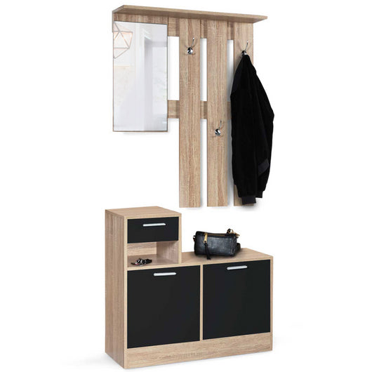 IDMarket - Mobile da ingresso, appendiabiti con specchio, design in legno faggio e ante nero PAULIN
