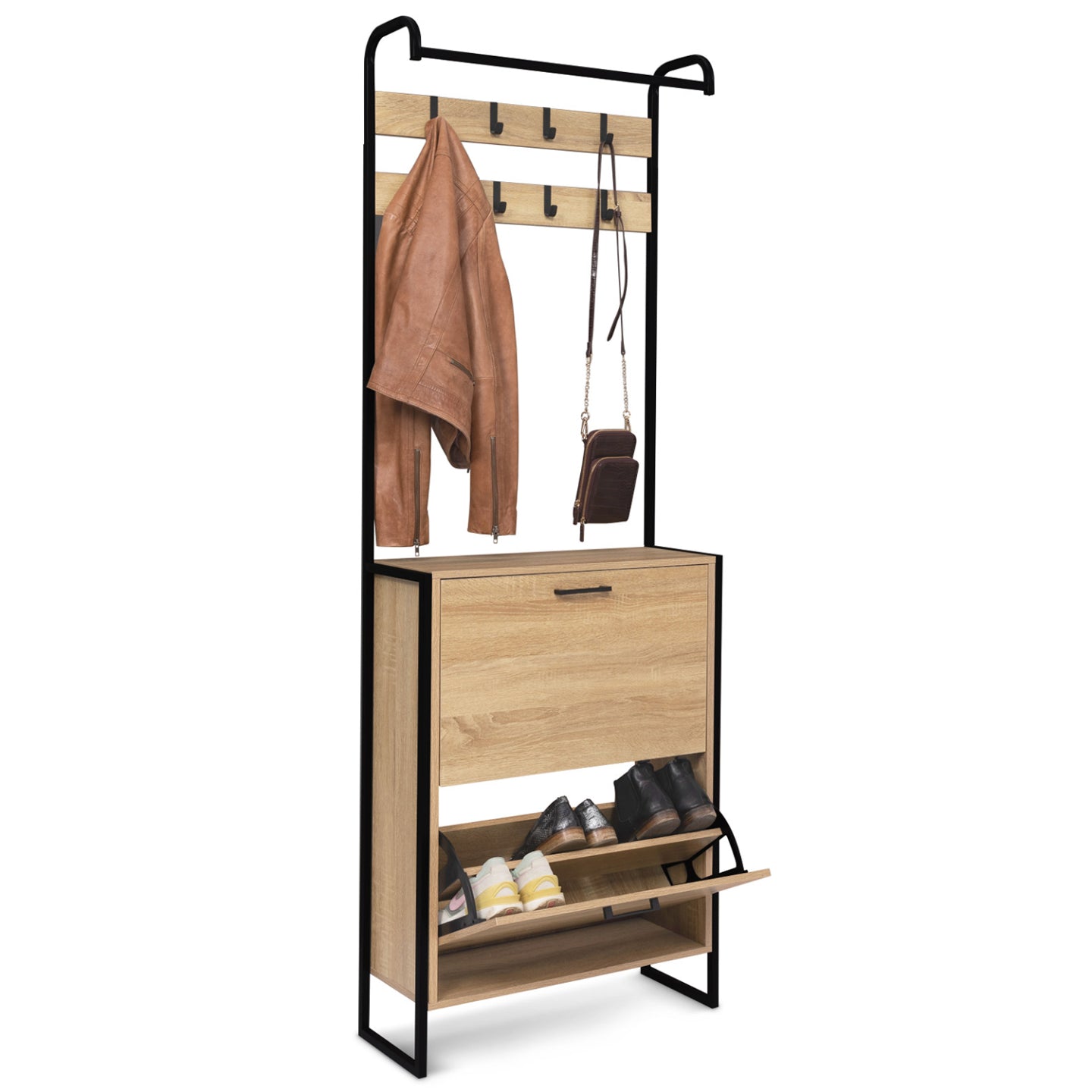 IDMarket - Mobile da ingresso, appendiabiti e scarpiera 2 ante di design industriale DETROIT