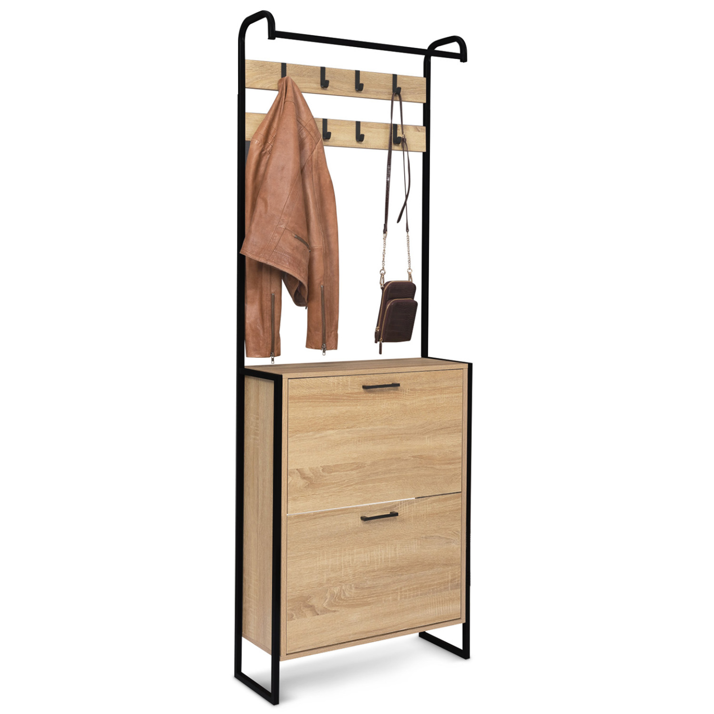 IDMarket - Mobile da ingresso, appendiabiti e scarpiera 2 ante di design industriale DETROIT