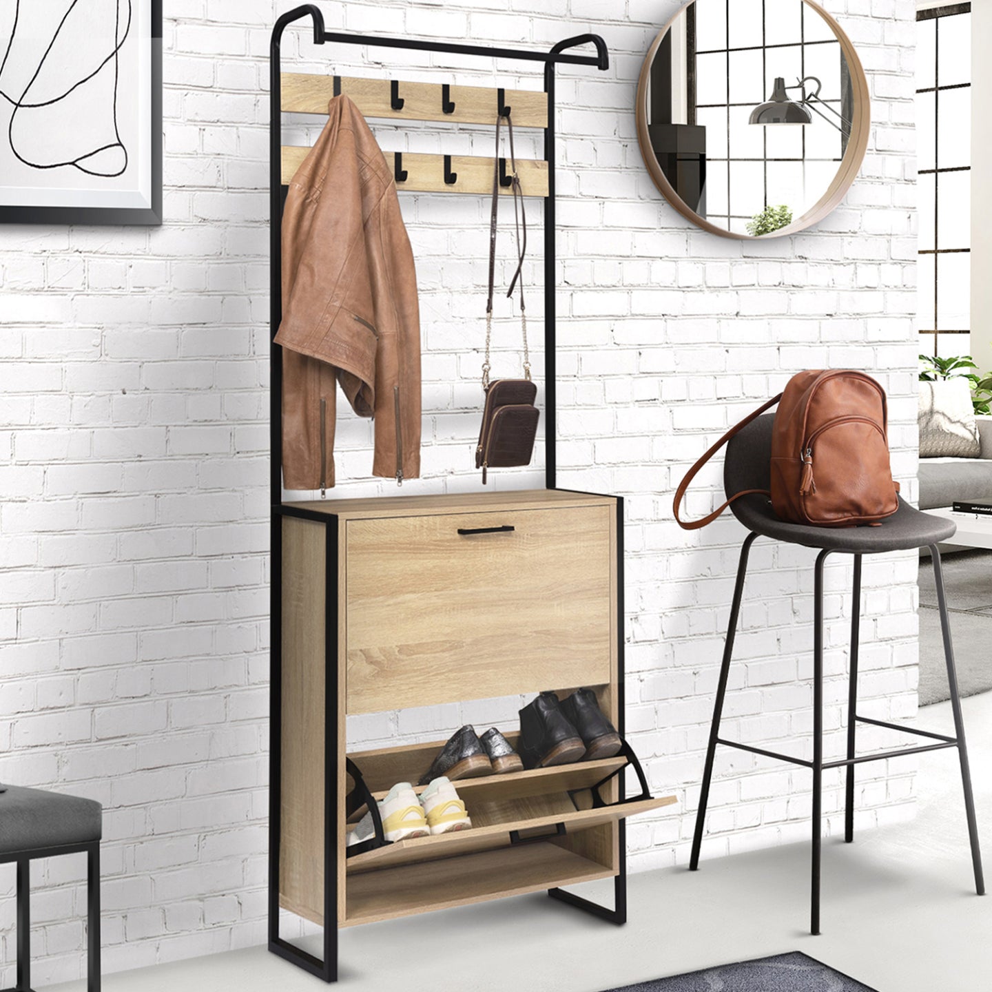 IDMarket - Mobile da ingresso, appendiabiti e scarpiera 2 ante di design industriale DETROIT