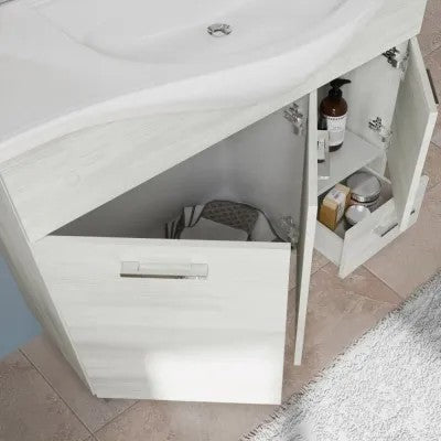 Mobile da Terra 105 cm in rovere bianco completo di specchio con pensile e LED
