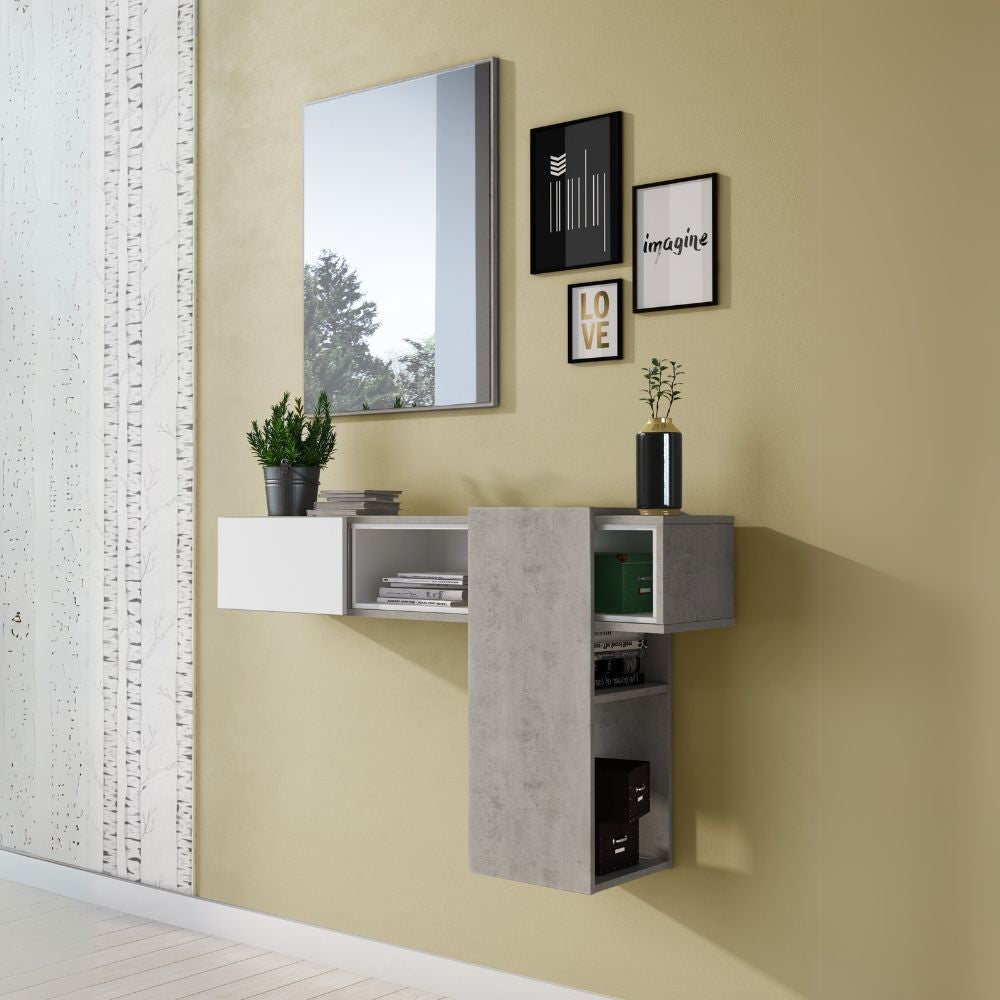 Mobile ingresso sospeso Mog cemento e bianco con specchio