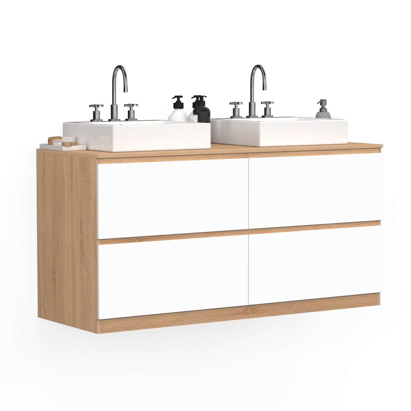 IDMarket - Mobile lavabo doppio TOMI 120 cm 4 cassetti finitura faggio e bianco