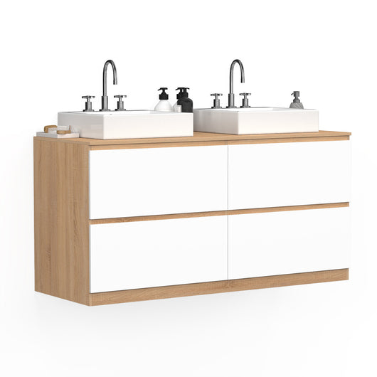 IDMarket - Mobile lavabo doppio TOMI 120 cm 4 cassetti finitura faggio e bianco