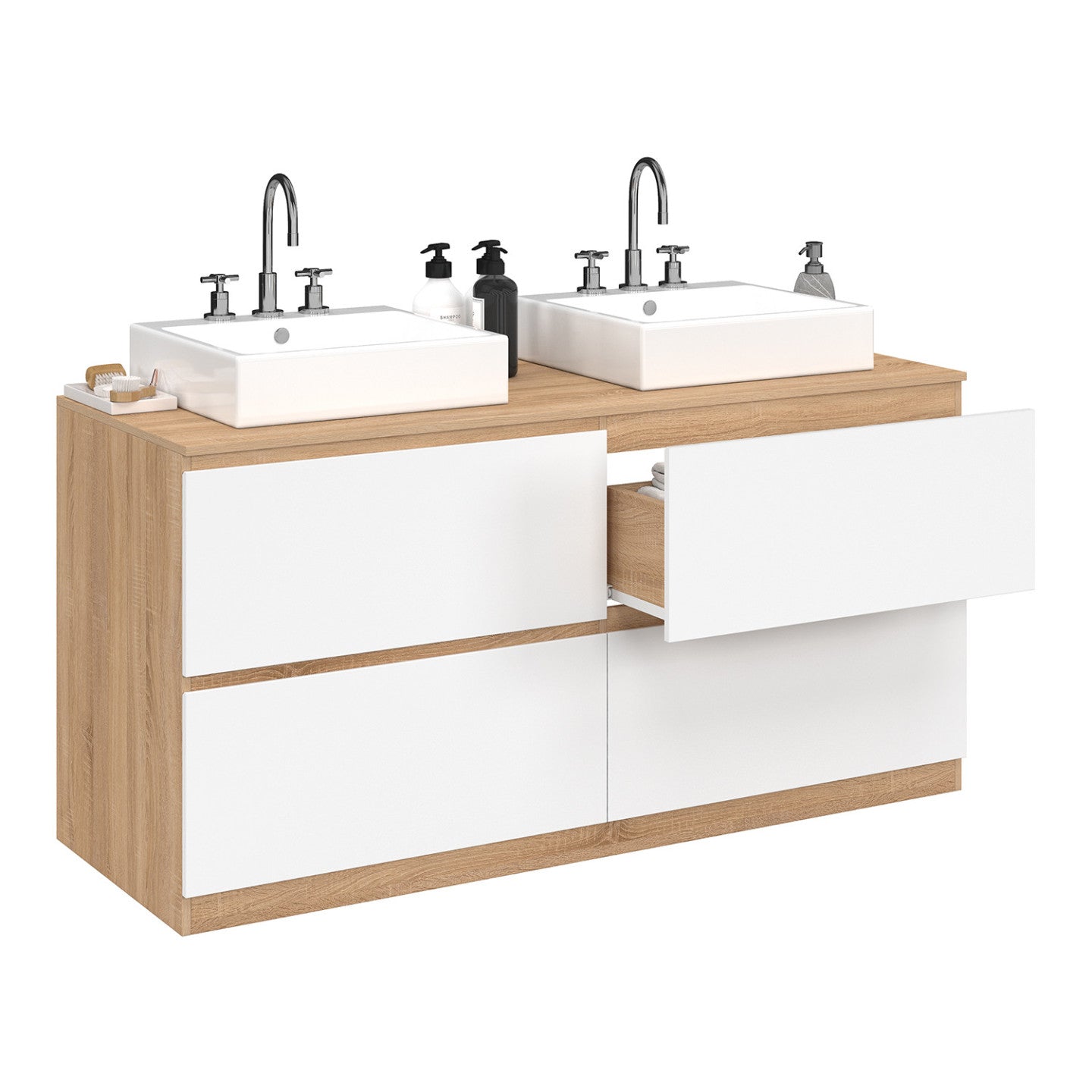 IDMarket - Mobile lavabo doppio TOMI 120 cm 4 cassetti finitura faggio e bianco
