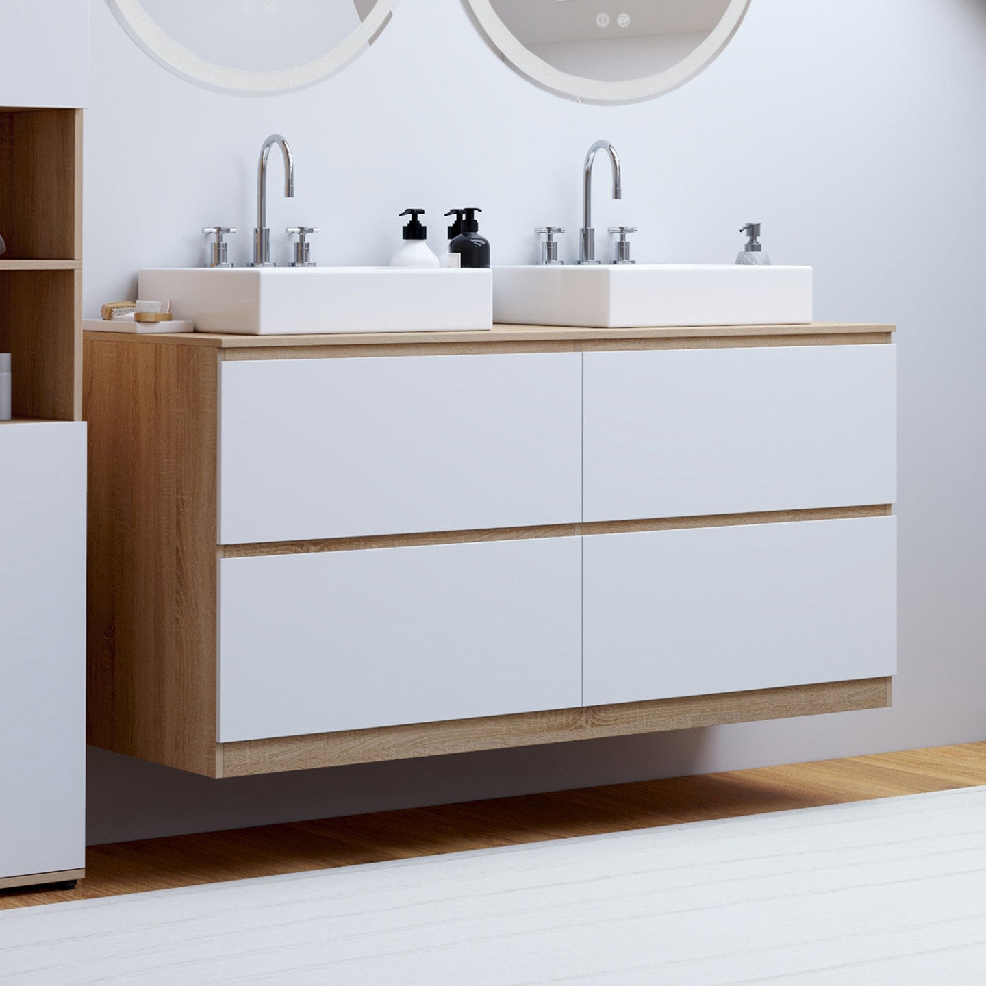 IDMarket - Mobile lavabo doppio TOMI 120 cm 4 cassetti finitura faggio e bianco