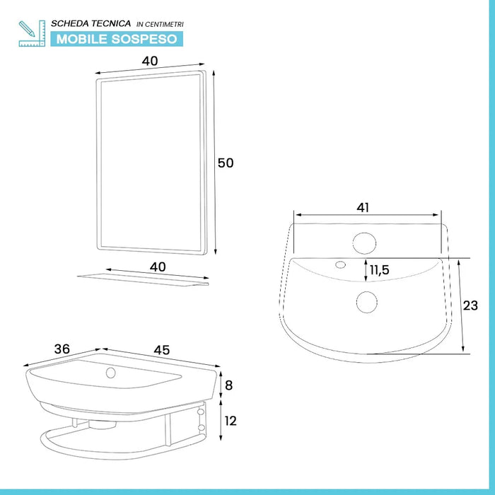 Mobile lavabo sospeso 45 cm salvaspazio in stile industrial Borg