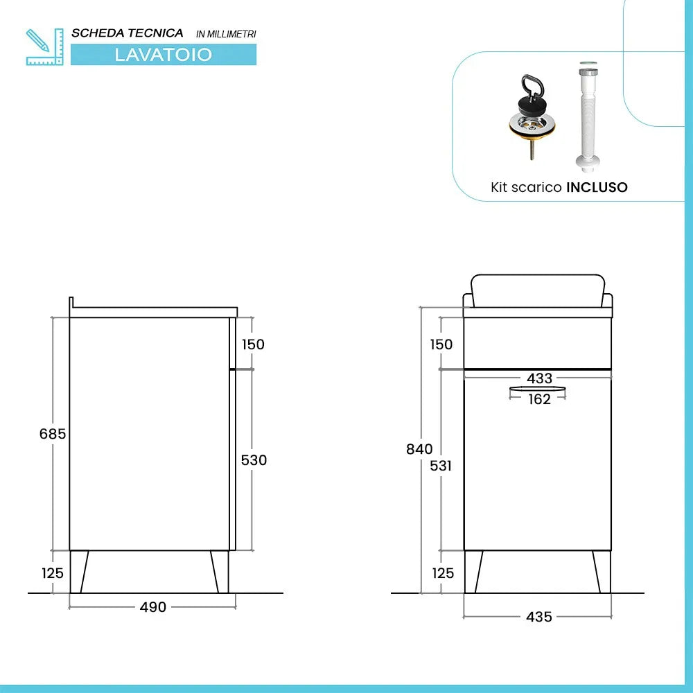 Mobile lavatoio 45x50 cm grigio calce vasca in ceramica e kit di scarico Moon