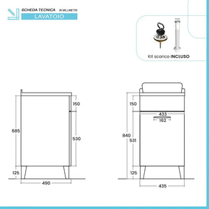Mobile lavatoio 45x50 cm grigio calce vasca in ceramica e kit di scarico Moon