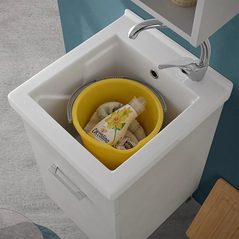 Mobile lavatoio 45x50 cm grigio calce vasca in ceramica e kit di scarico Moon