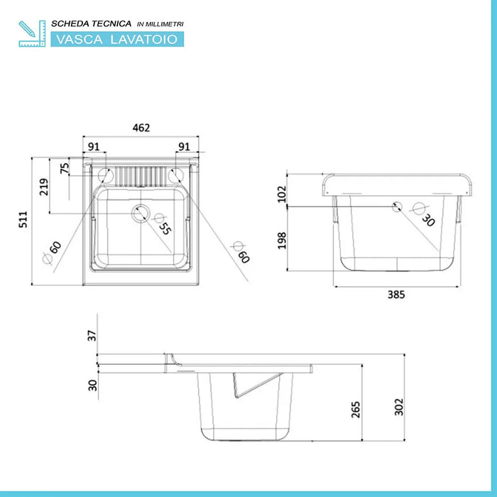 Mobile lavatoio 45x50 cm grigio calce vasca in resina e kit di scarico Moon