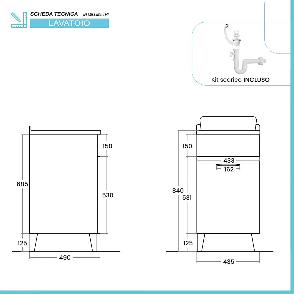 Mobile lavatoio 45x50 cm grigio calce vasca in resina e kit di scarico Moon