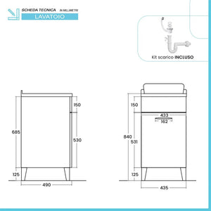 Mobile lavatoio 45x50 cm grigio calce vasca in resina e kit di scarico Moon
