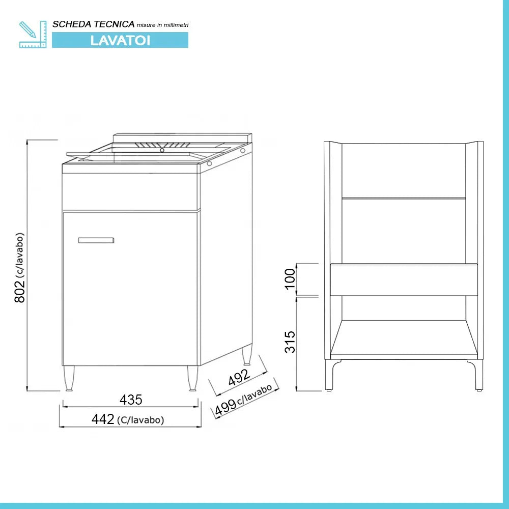 Mobile lavatoio 45x50 cm rovere grigio con vasca lavapanni in ceramica