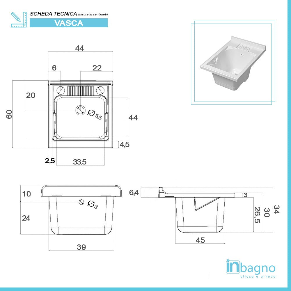 Mobile lavatoio 45x60 bianco con serranda vasca e asse strofinatoio