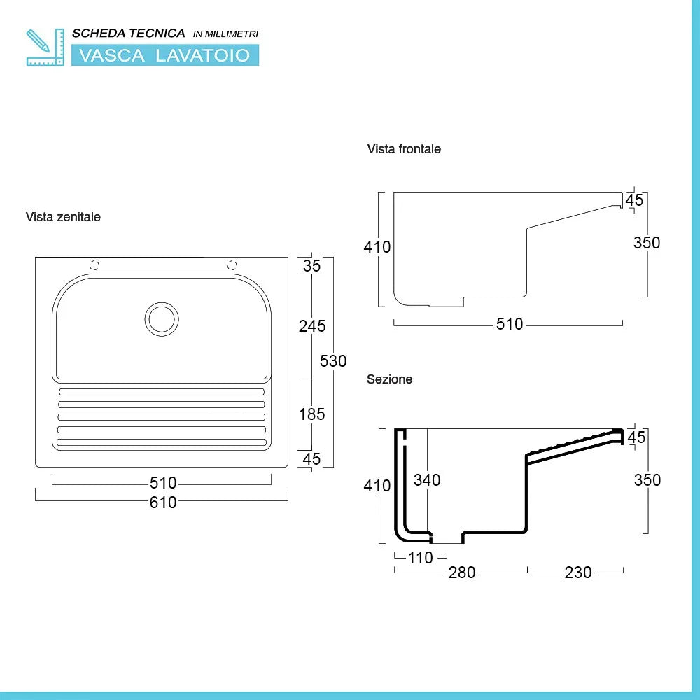 Mobile lavatoio 60x50 cm bianco in ceramica con strofinatoio integrato