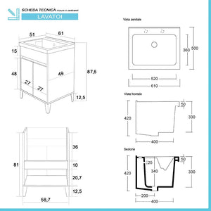 Mobile lavatoio 60x50 cm bianco lucido con vasca in ceramica Way