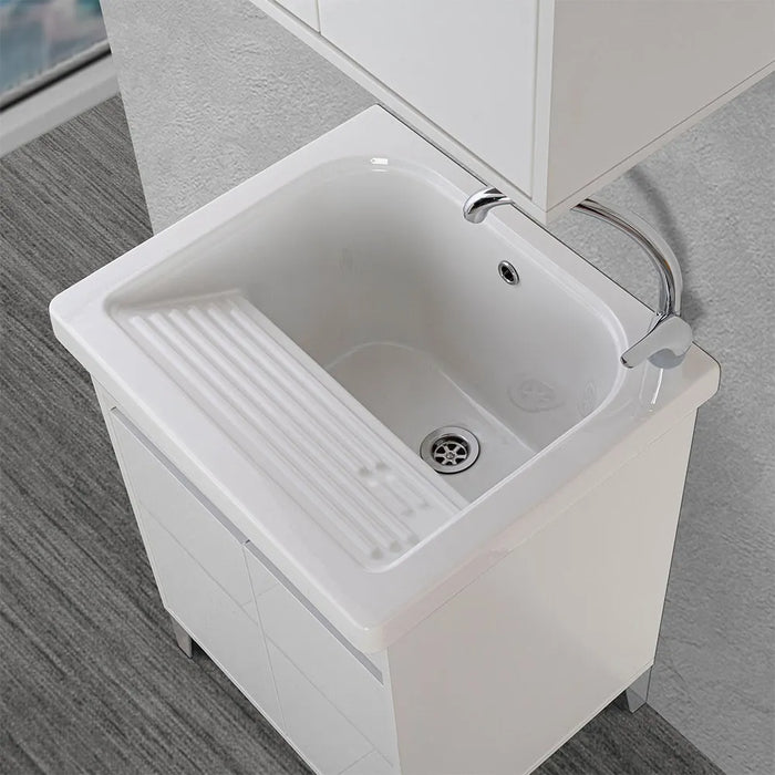 Mobile lavatoio 60x50 cm linea Way bianco lucido con vasca e strofinatoio