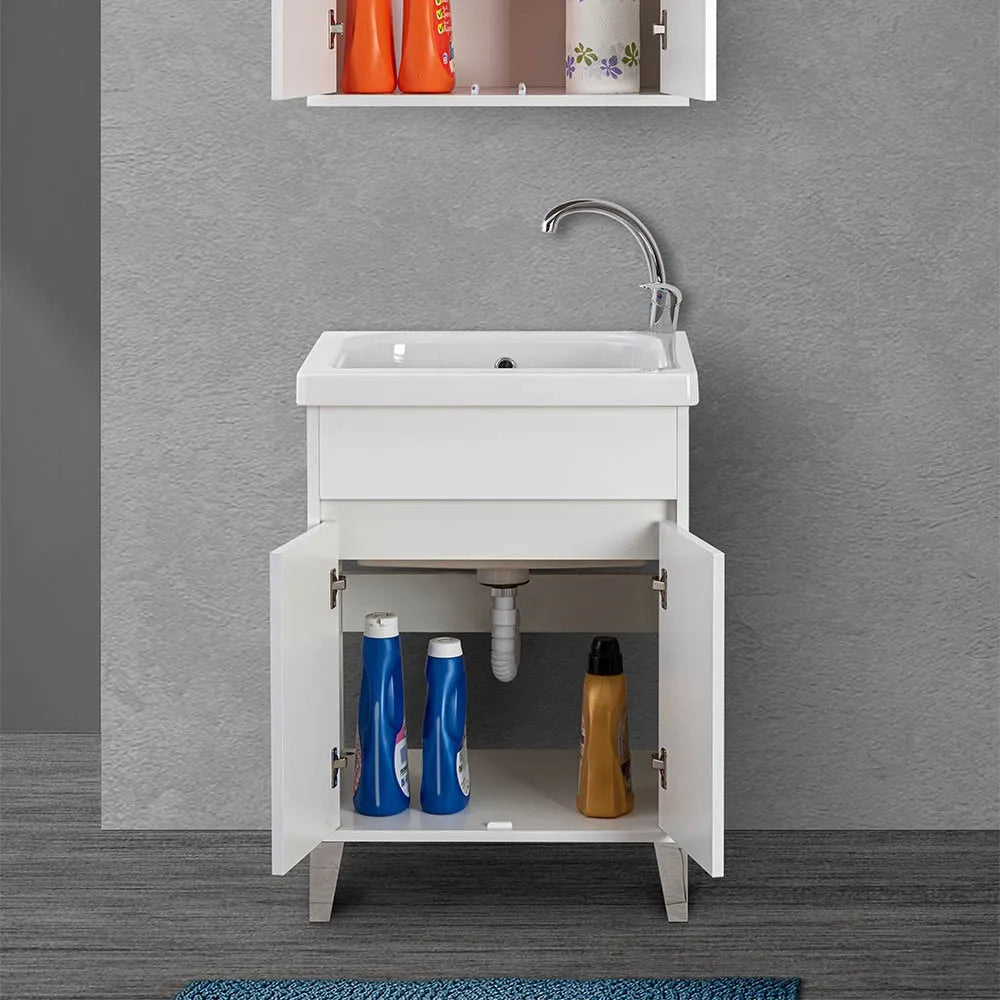Mobile lavatoio 60x50 cm linea Way bianco lucido con vasca e strofinatoio