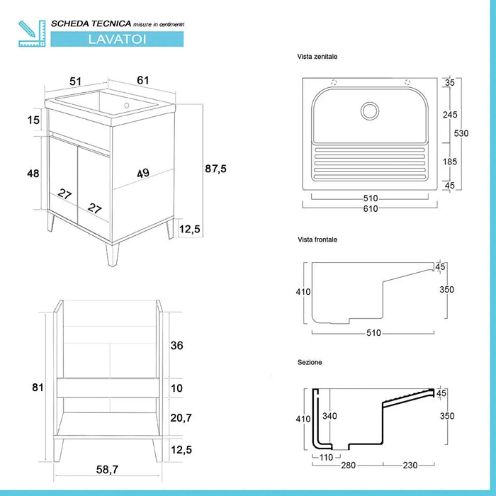 Mobile lavatoio 60x50 cm linea Way bianco lucido con vasca e strofinatoio