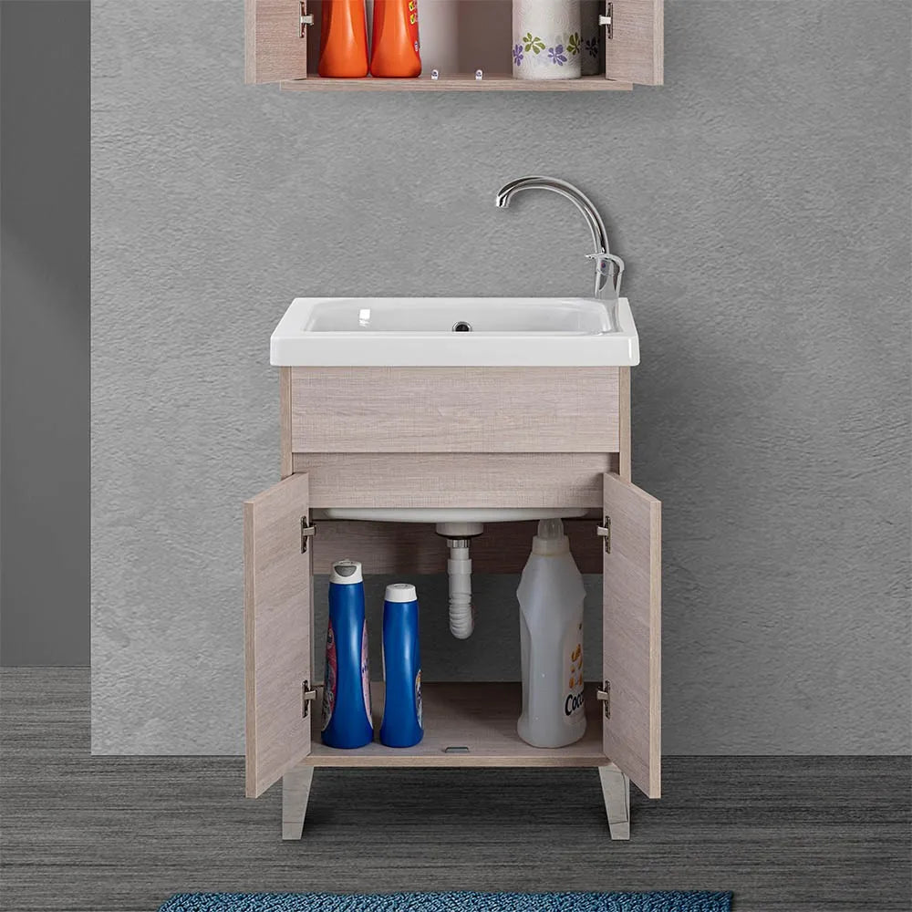 Mobile lavatoio 60x50 cm linea Way rovere chiaro con vasca e strofinatoio