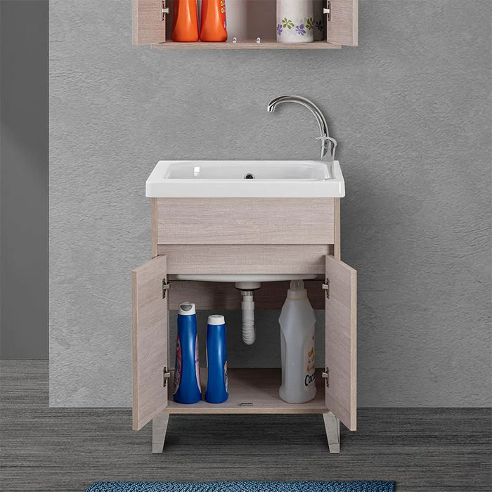 Mobile lavatoio 60x50 cm linea Way rovere chiaro con vasca e strofinatoio