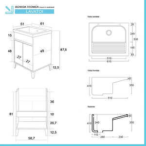 Mobile Lavatoio 60x50 cm linea Way rovere scuro con vasca e strofinatoio