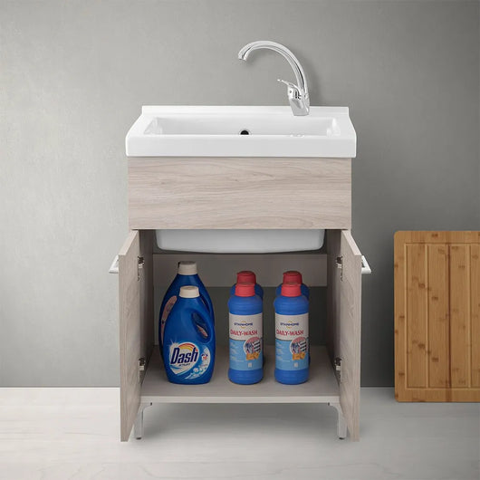 Mobile lavatoio 60x50 cm rovere grigio con vasca lavapanni in ceramica