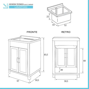 Mobile lavatoio 60x50 da esterno con vasca in resina e strofinatoio