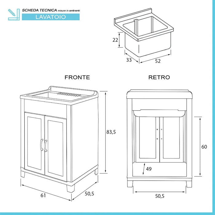 Mobile lavatoio 60x50 da esterno con vasca in resina e strofinatoio