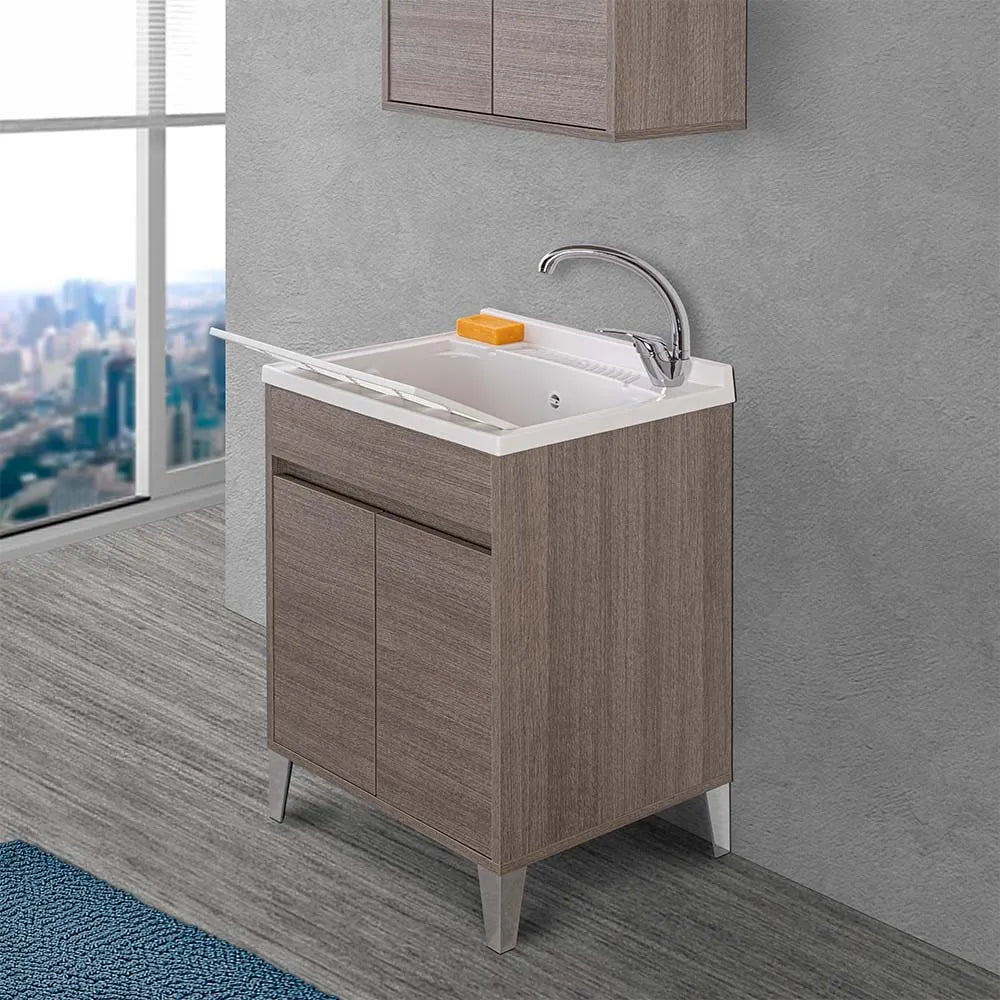 Mobile lavatoio 60x50 rovere scuro con vasca asse e kit scarico Way
