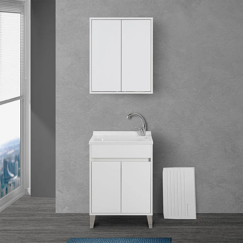 Mobile lavatoio 60x50 Way bianco lucido con vasca asse e kit scarico