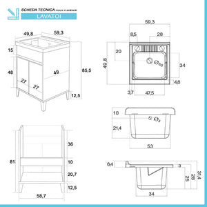 Mobile lavatoio 60x50 Way bianco lucido con vasca asse e kit scarico