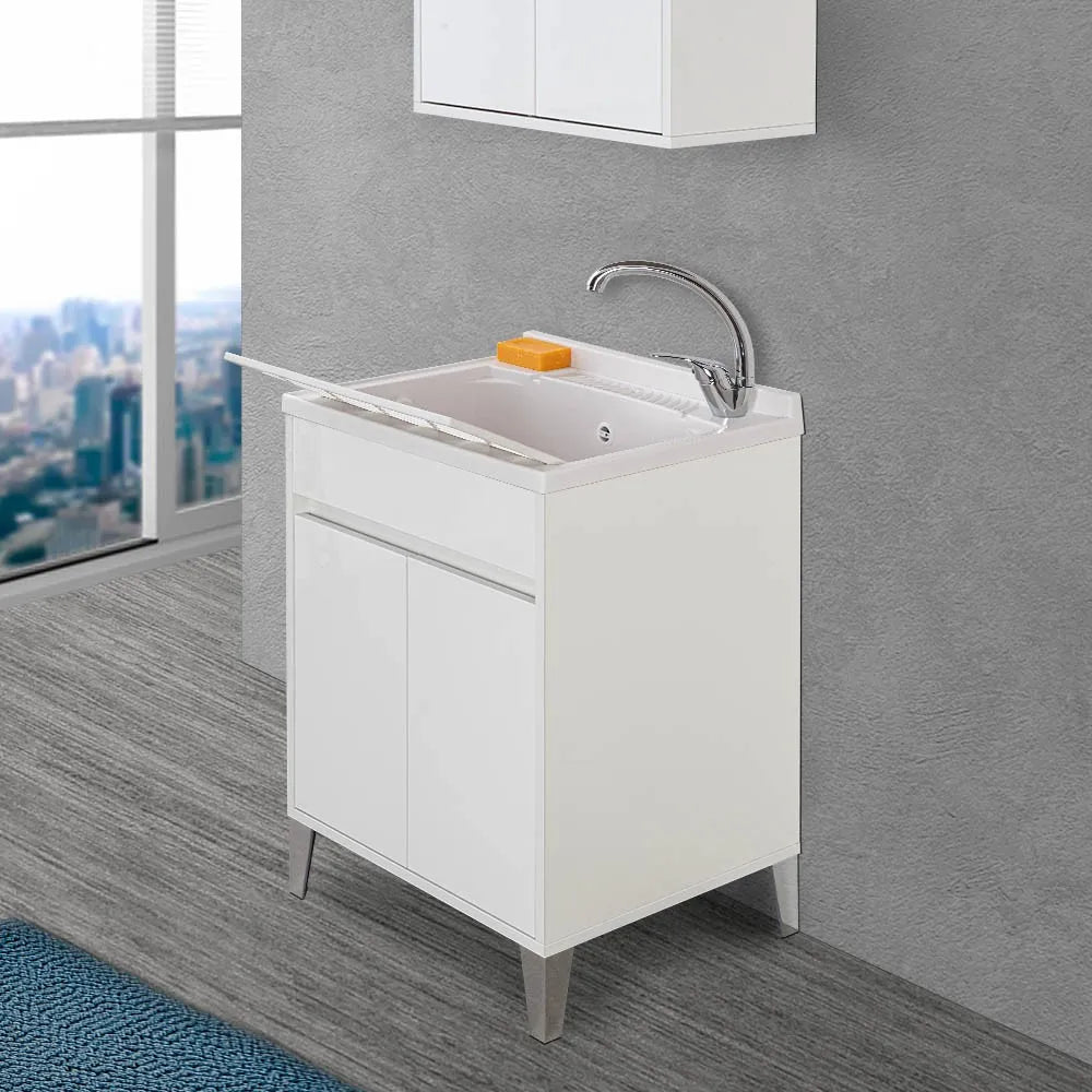 Mobile lavatoio 60x50 Way bianco lucido con vasca asse e kit scarico