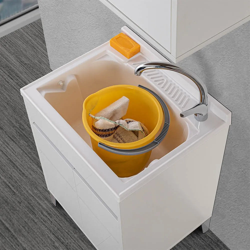 Mobile lavatoio 60x50 Way bianco lucido con vasca asse e kit scarico