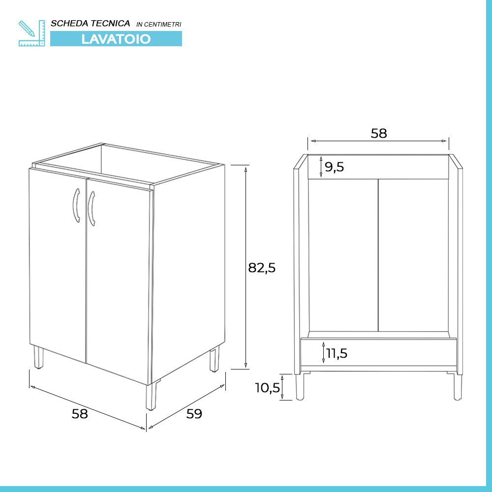 Mobile lavatoio 60x60 cm bianco con vasca asse lavapanni e kit di scarico