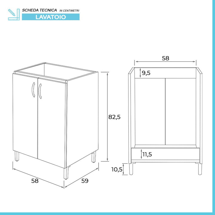 Mobile lavatoio 60x60 cm bianco con vasca asse lavapanni e kit di scarico