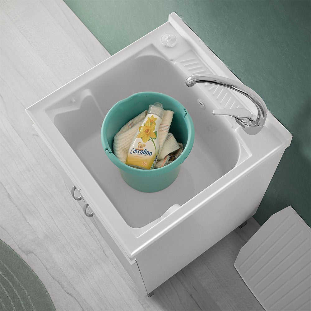 Mobile lavatoio 60x60 cm bianco con vasca asse lavapanni e kit di scarico